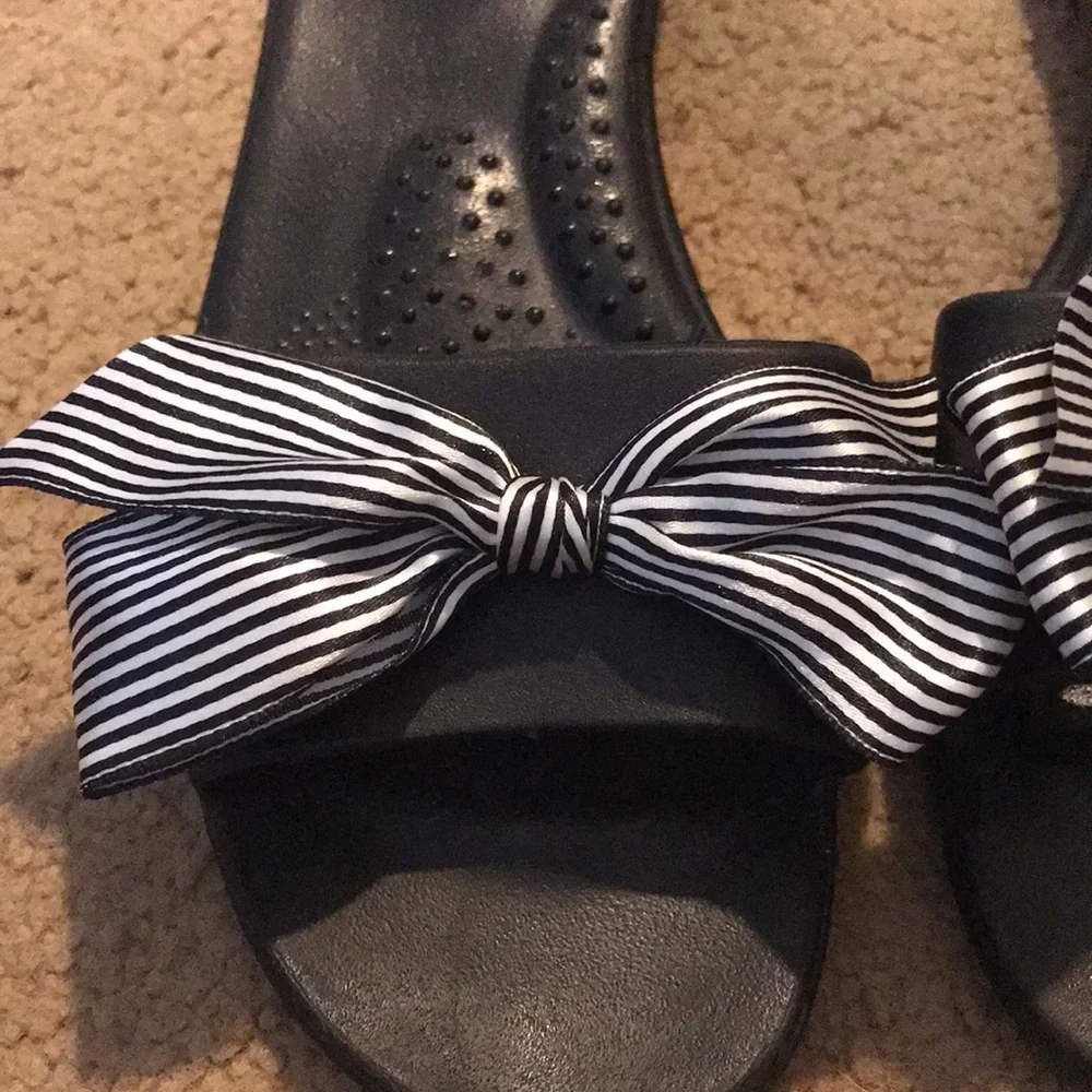 OKA B Madison Slide Sandals *Black Striped Ribbon Bows*